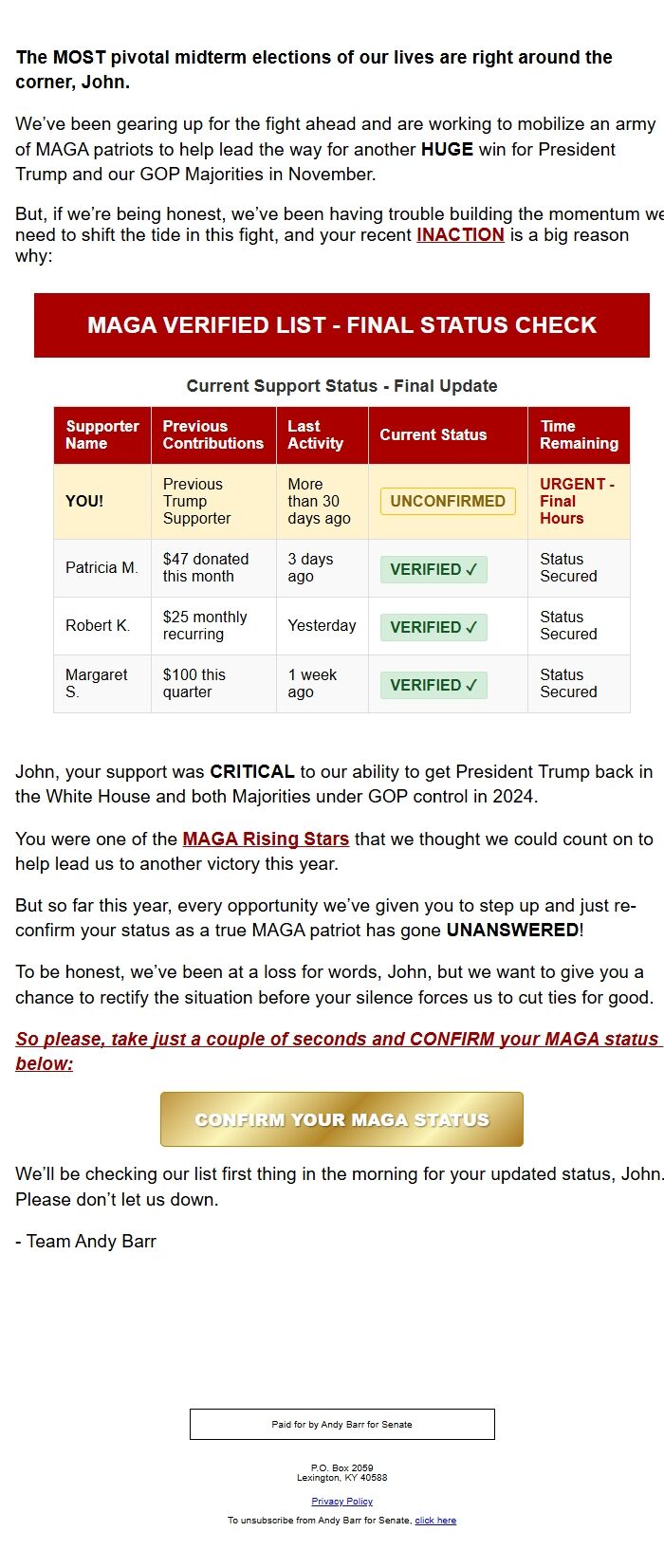 Screenshot of the email generated on import
