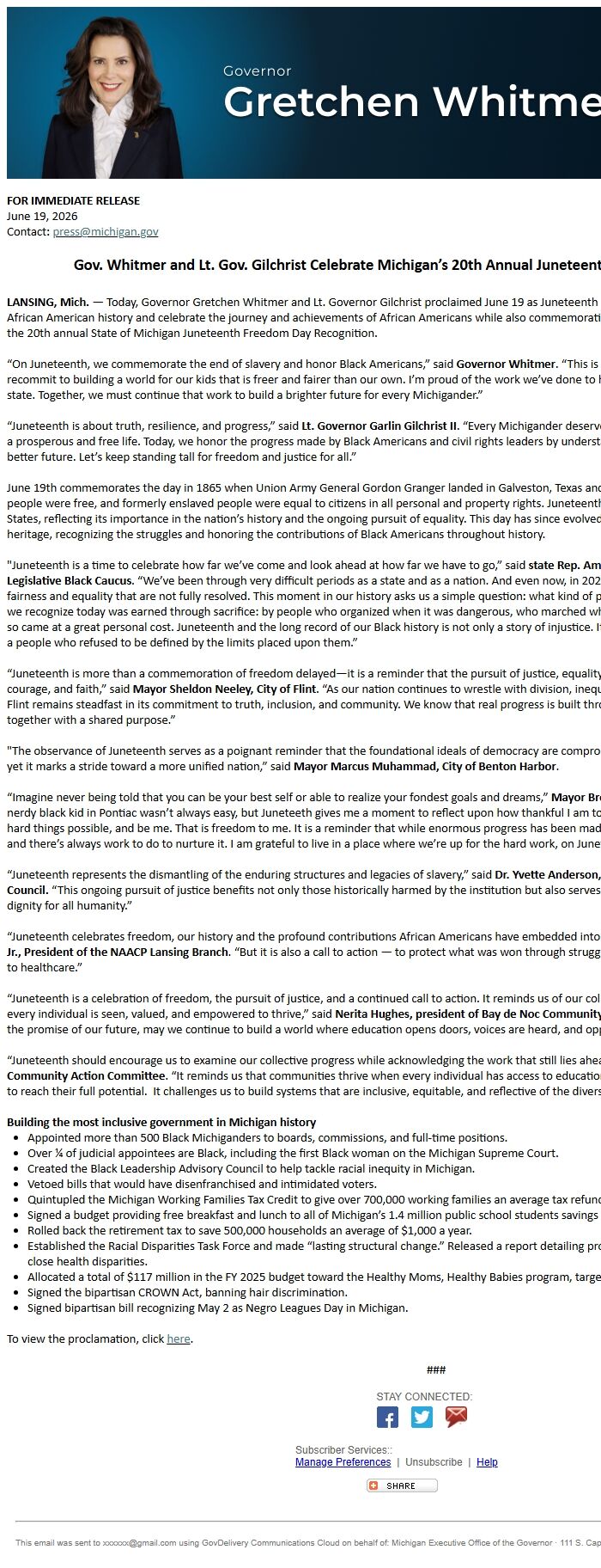 Screenshot of the email generated on import