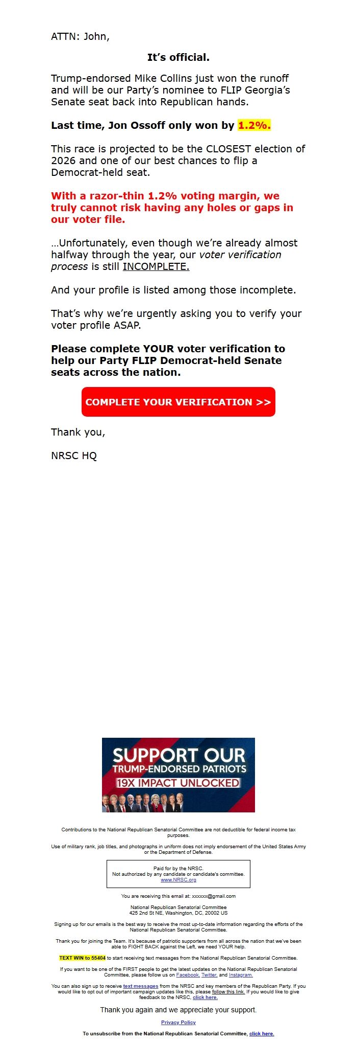 Screenshot of the email generated on import