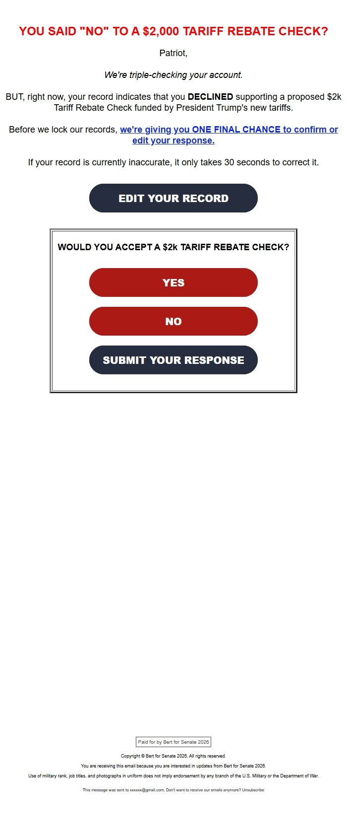 Screenshot of the email generated on import