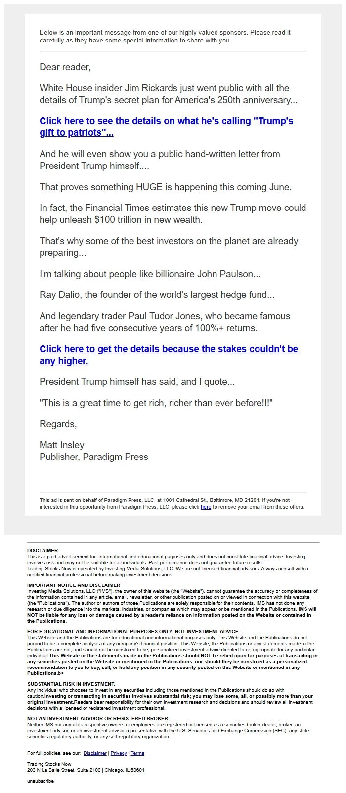 Screenshot of the email generated on import