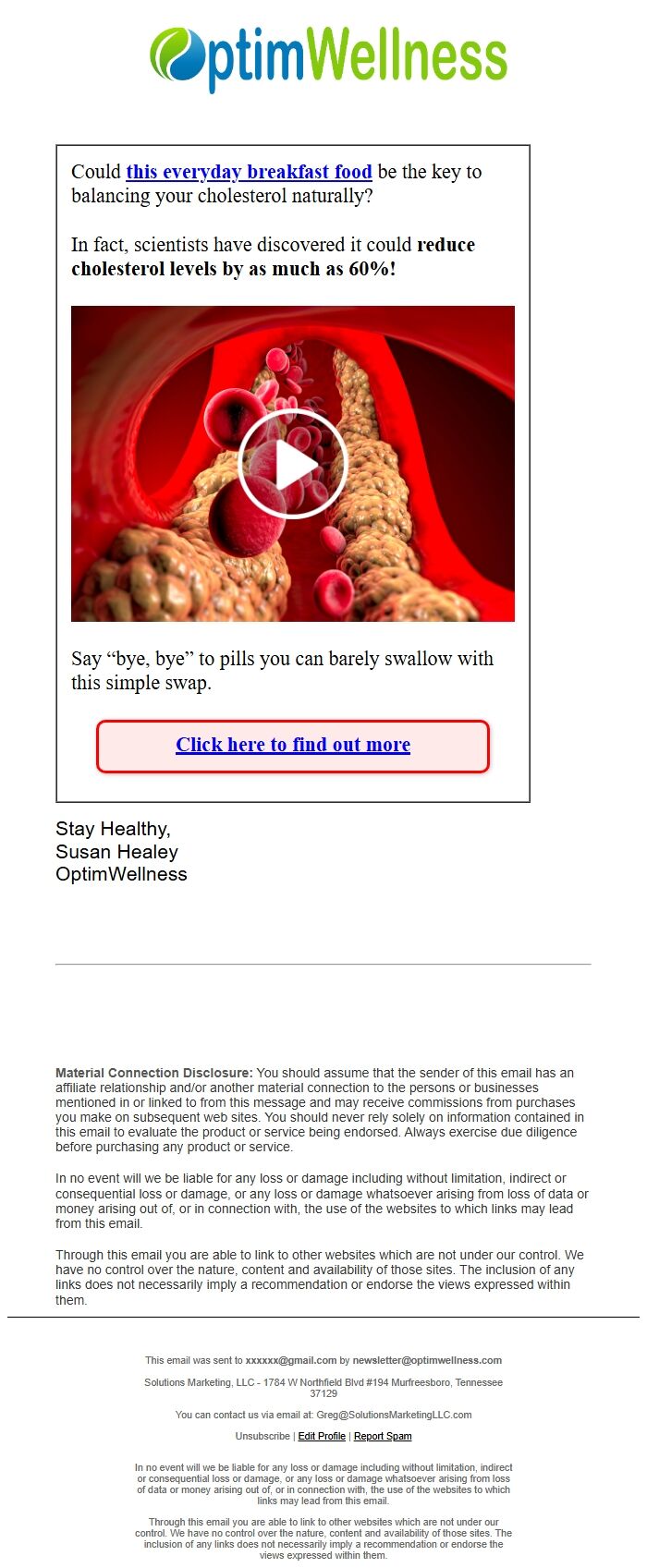Screenshot of the email generated on import