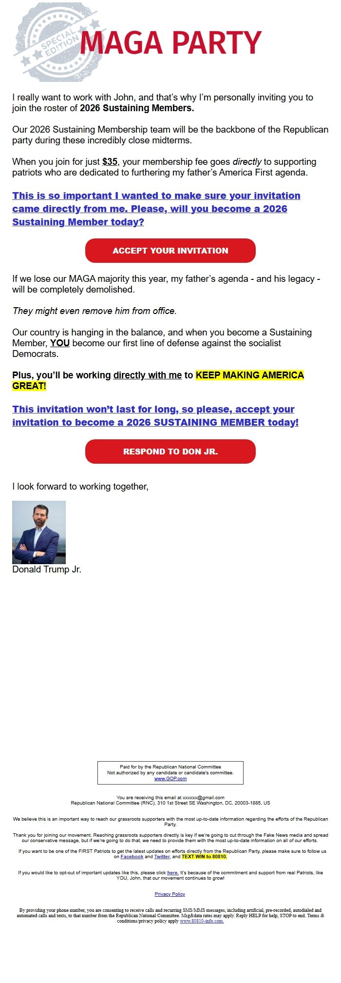 Screenshot of the email generated on import