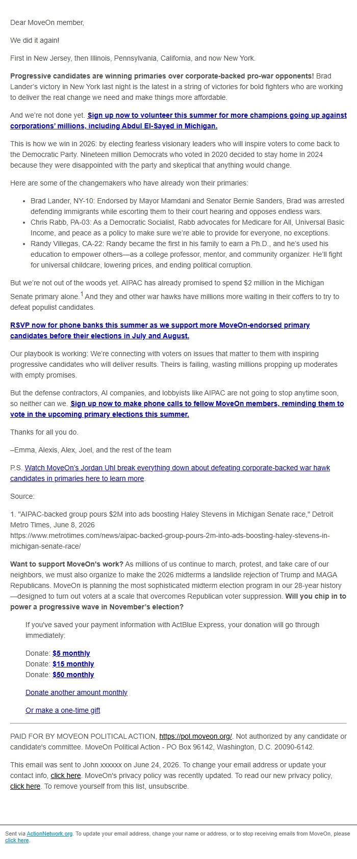 Screenshot of the email generated on import