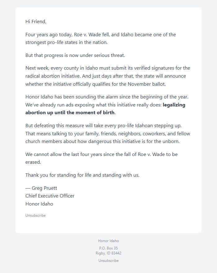 Screenshot of the email generated on import