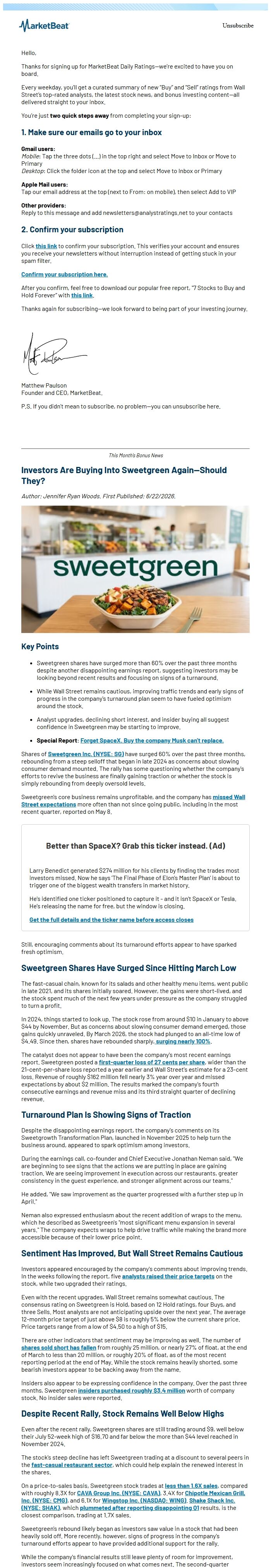 Screenshot of the email generated on import