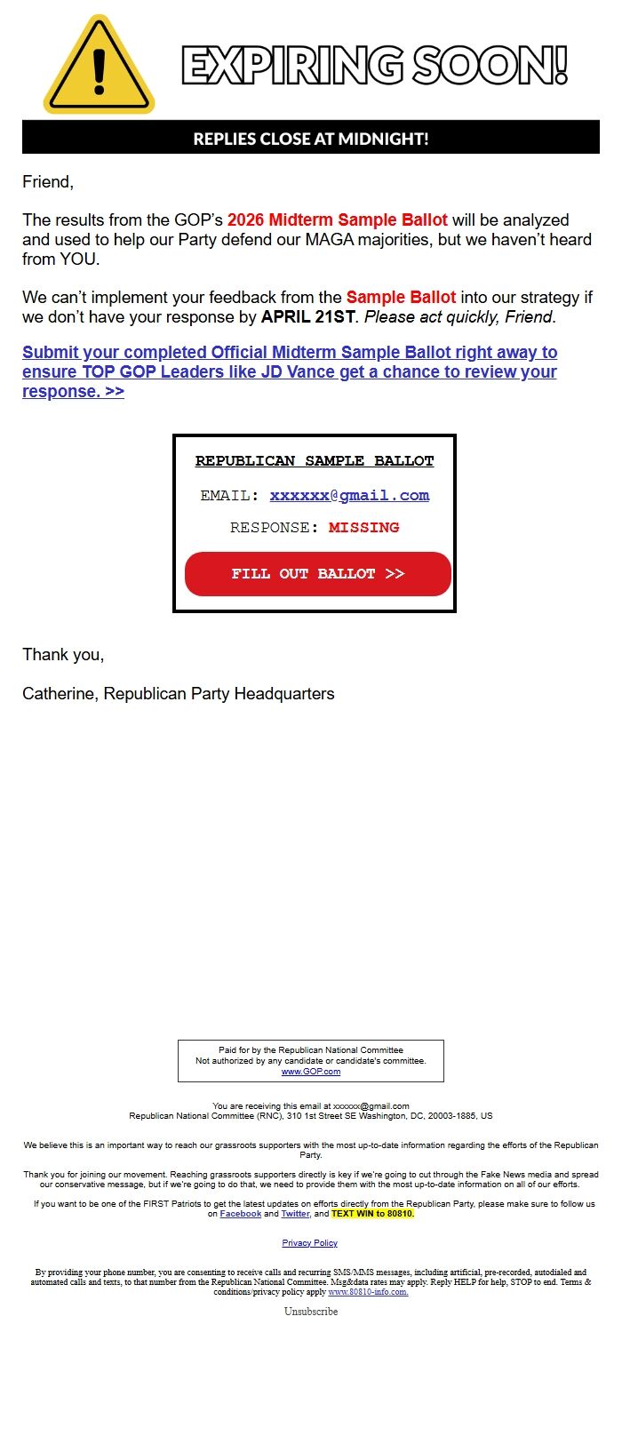 Screenshot of the email generated on import