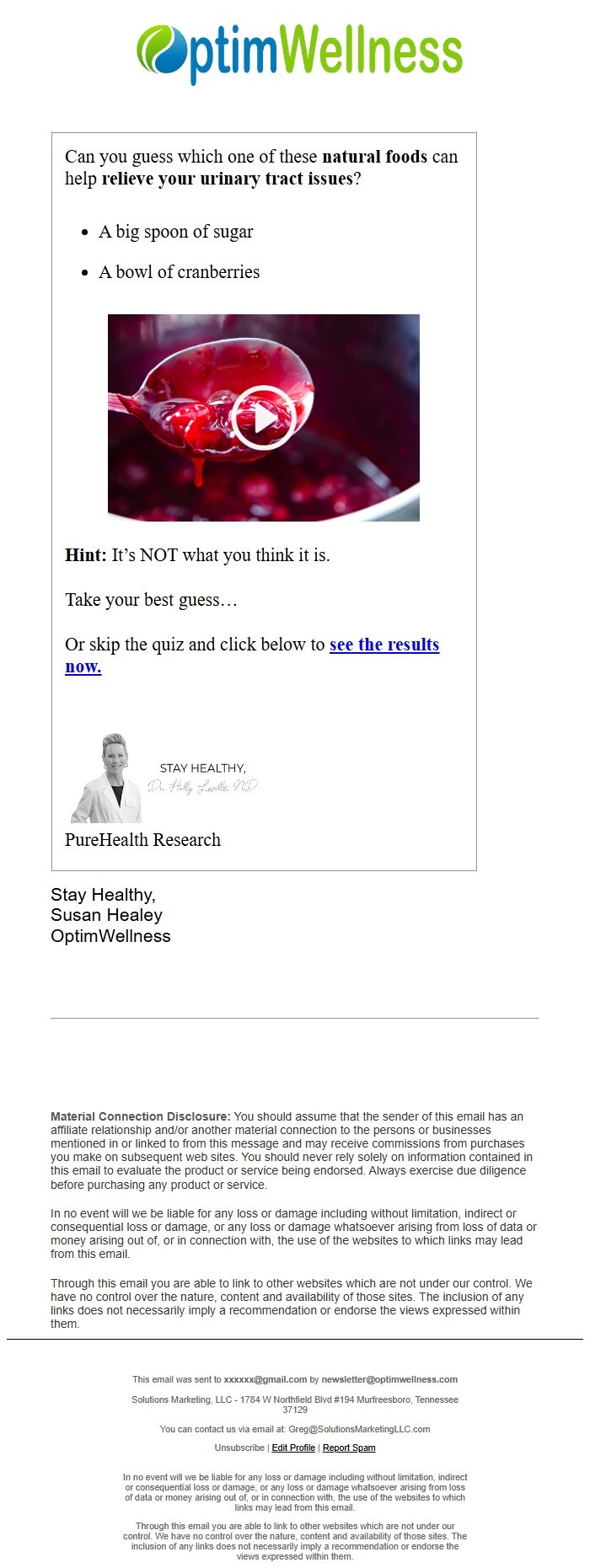 Screenshot of the email generated on import