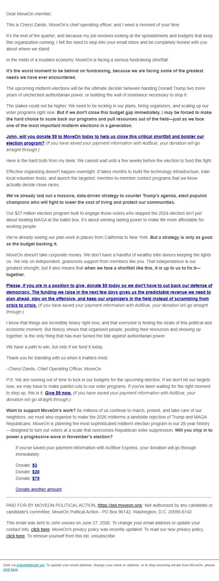 Screenshot of the email generated on import