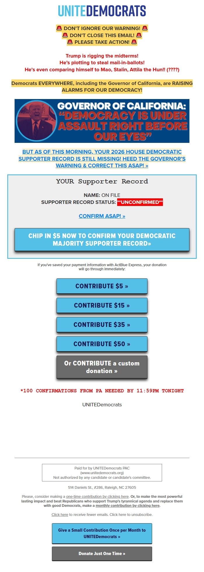Screenshot of the email generated on import