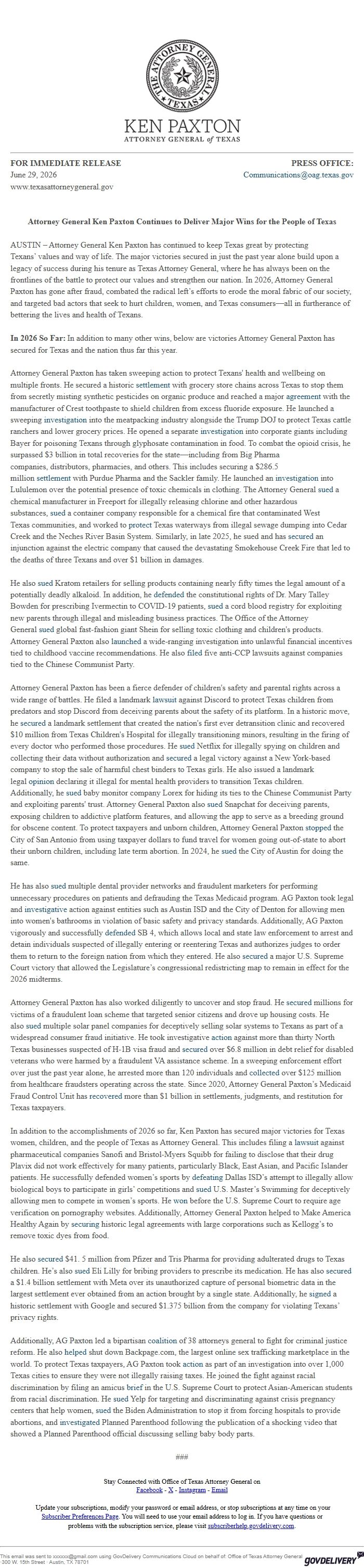 Screenshot of the email generated on import