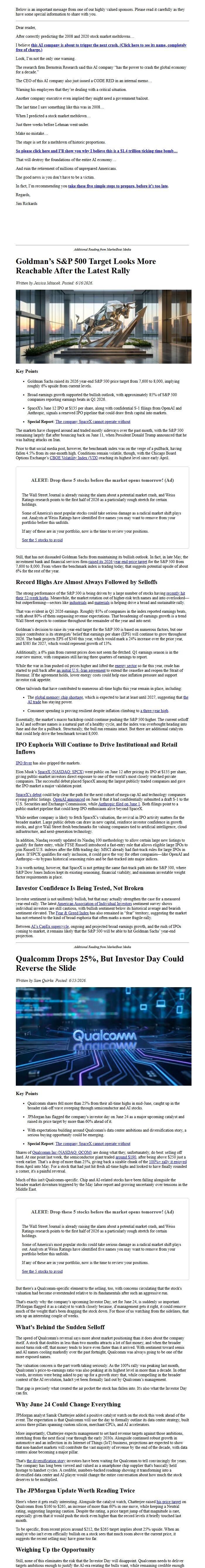 Screenshot of the email generated on import
