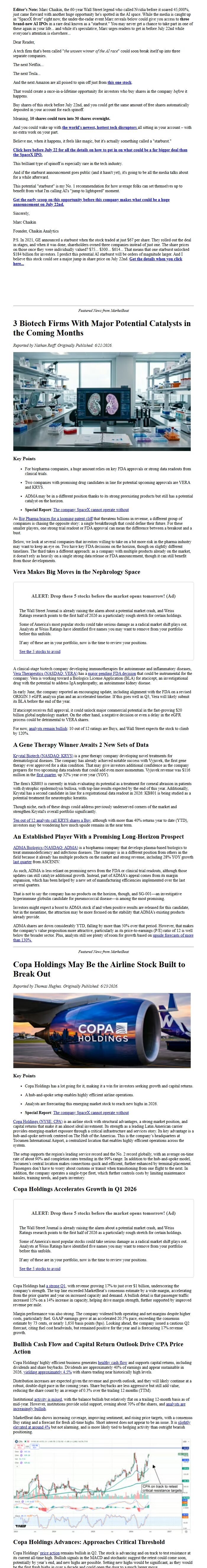 Screenshot of the email generated on import