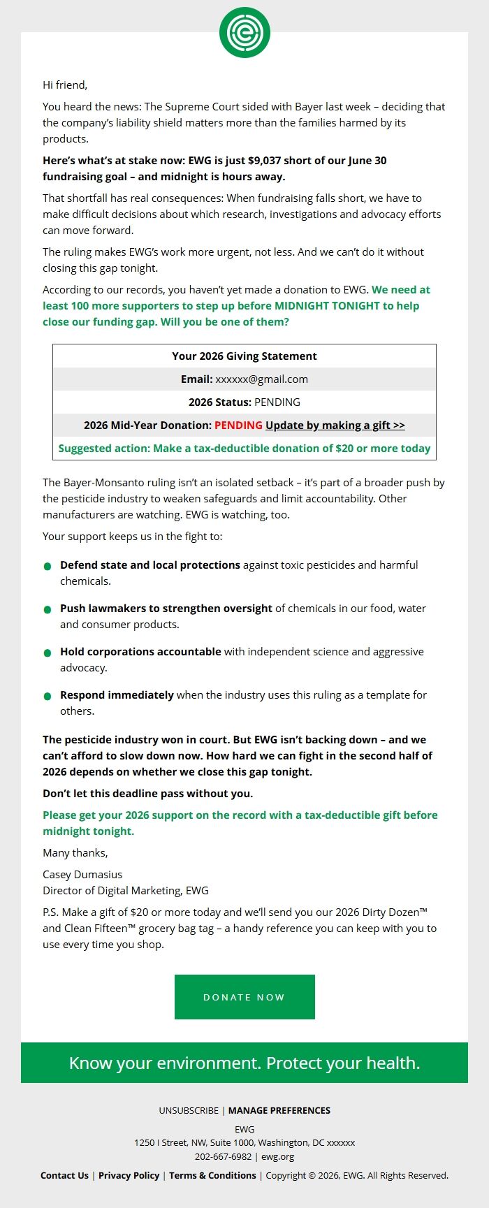 Screenshot of the email generated on import