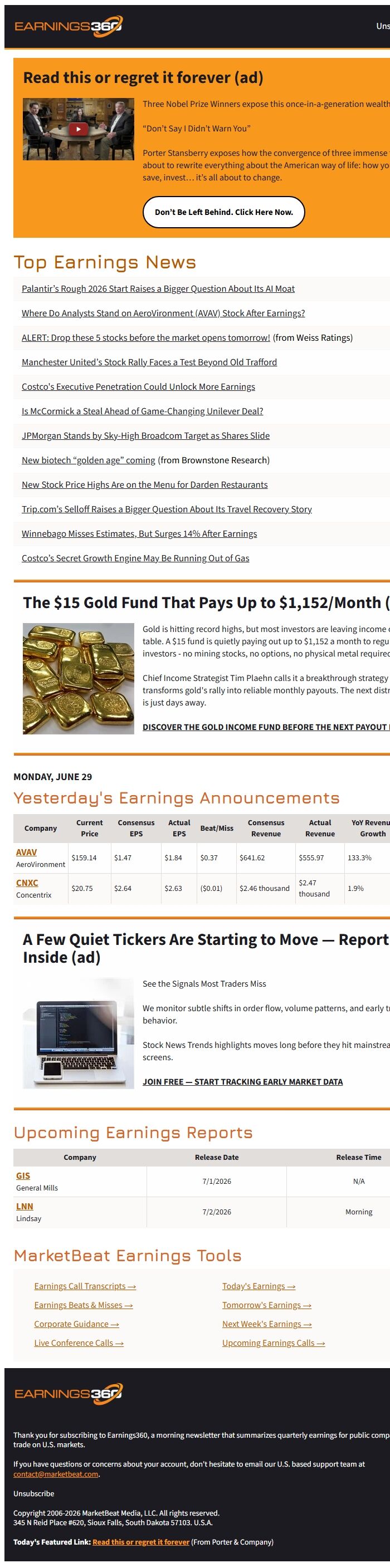 Screenshot of the email generated on import