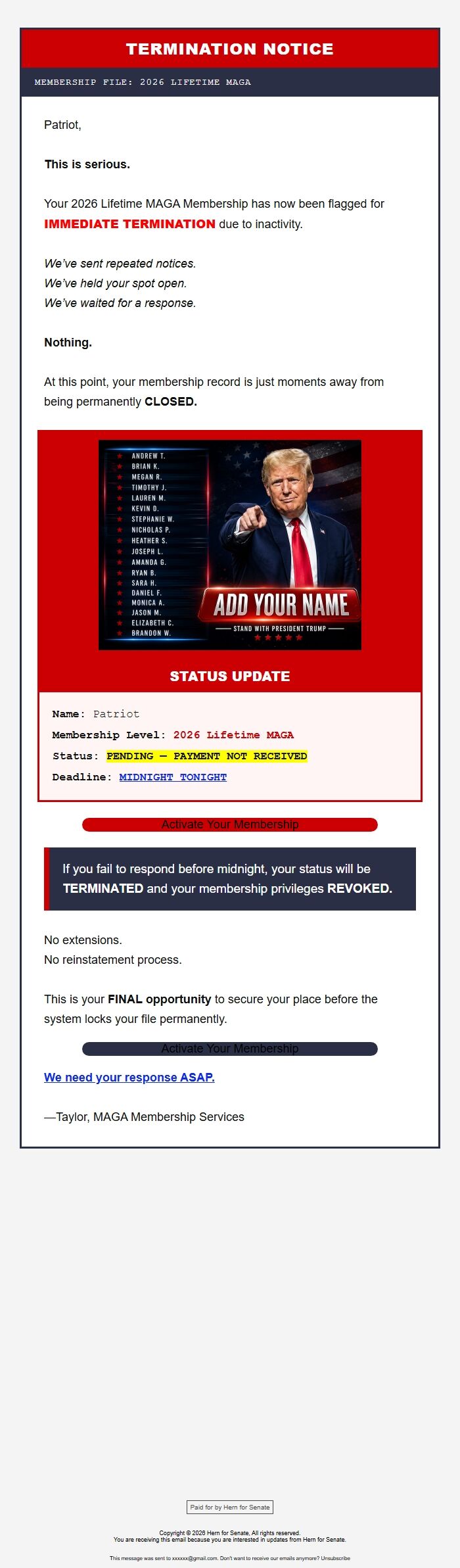 Screenshot of the email generated on import