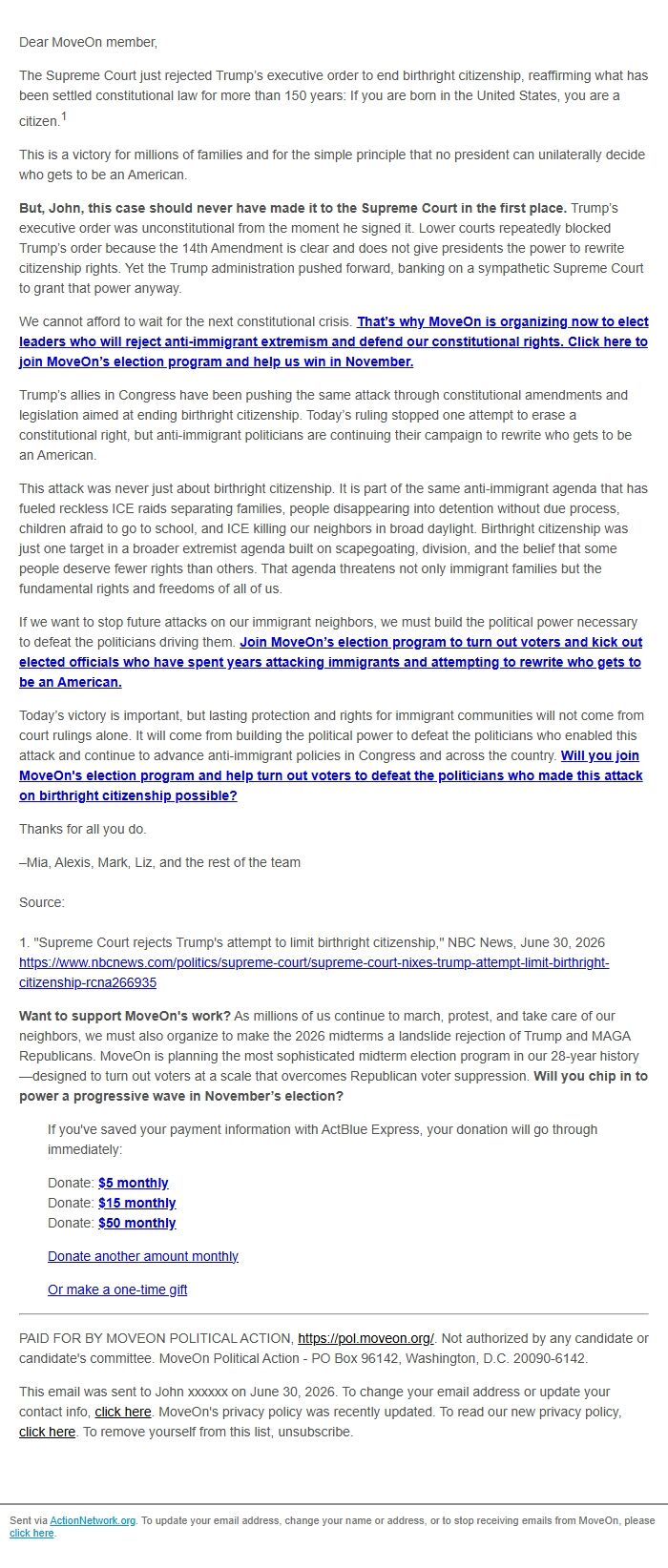 Screenshot of the email generated on import