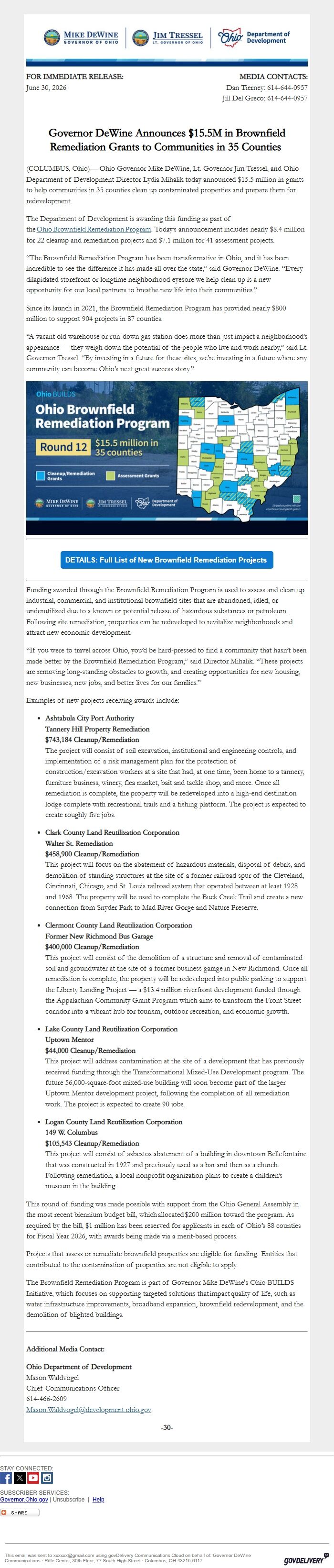 Screenshot of the email generated on import