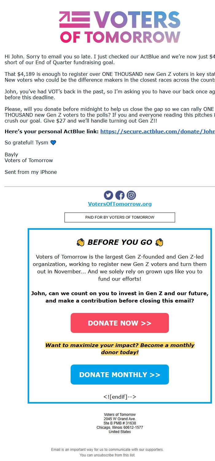 Screenshot of the email generated on import
