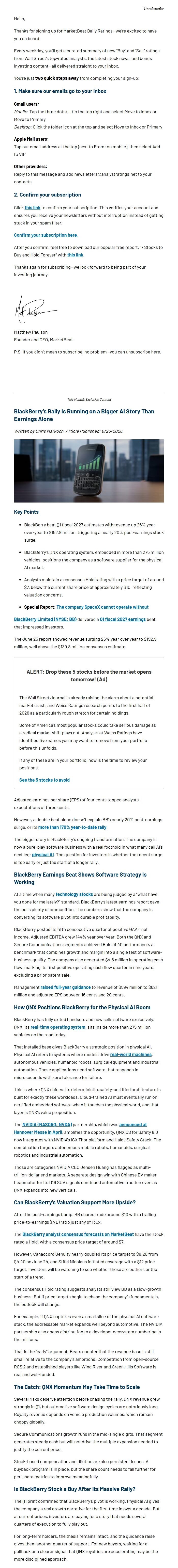 Screenshot of the email generated on import