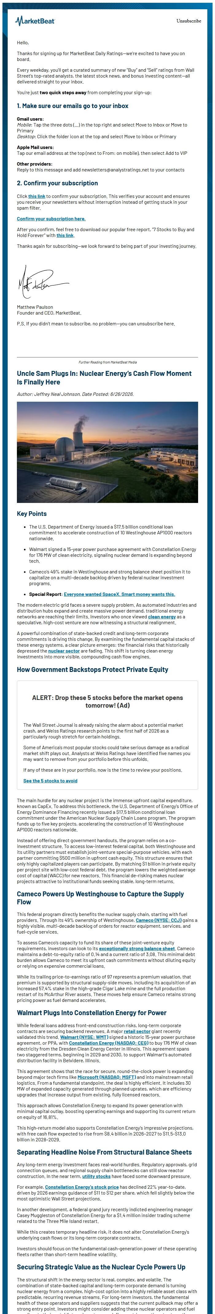 Screenshot of the email generated on import