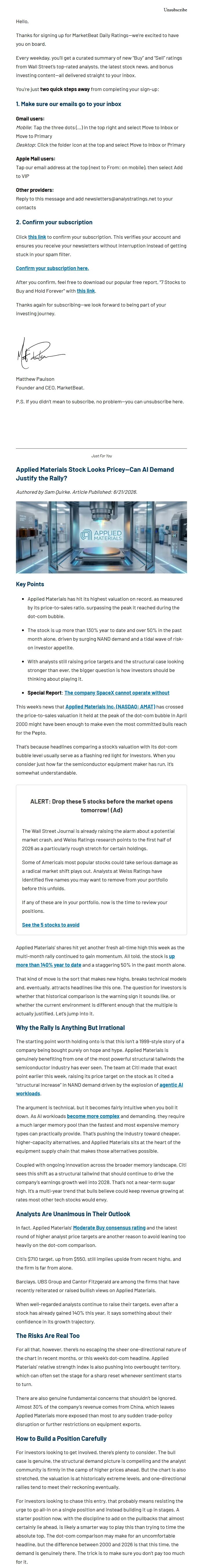 Screenshot of the email generated on import
