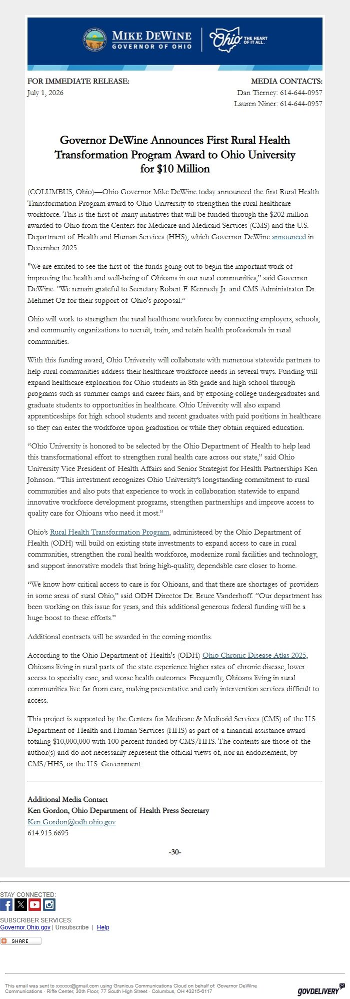 Screenshot of the email generated on import
