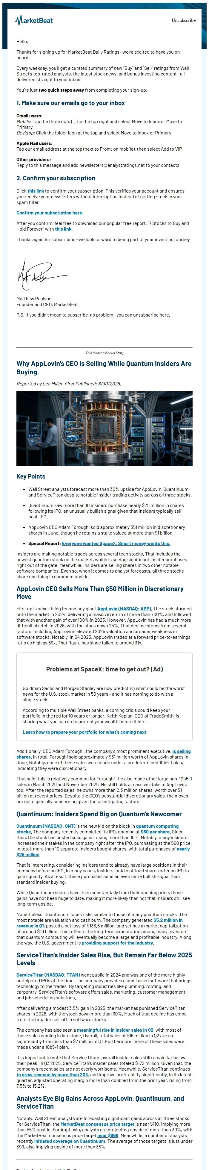 Screenshot of the email generated on import