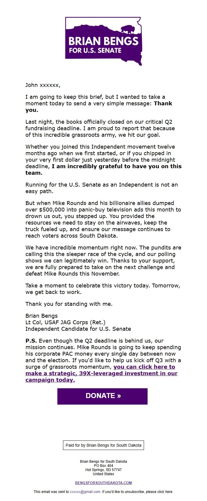 Screenshot of the email generated on import