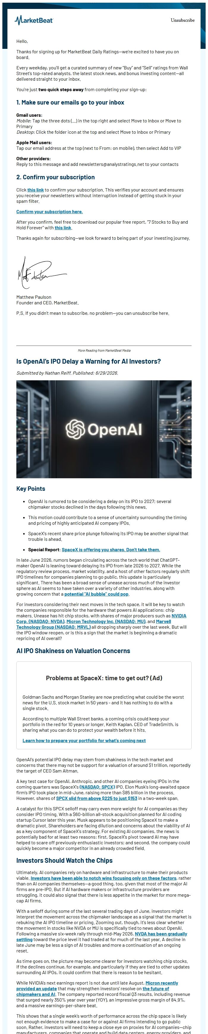 Screenshot of the email generated on import