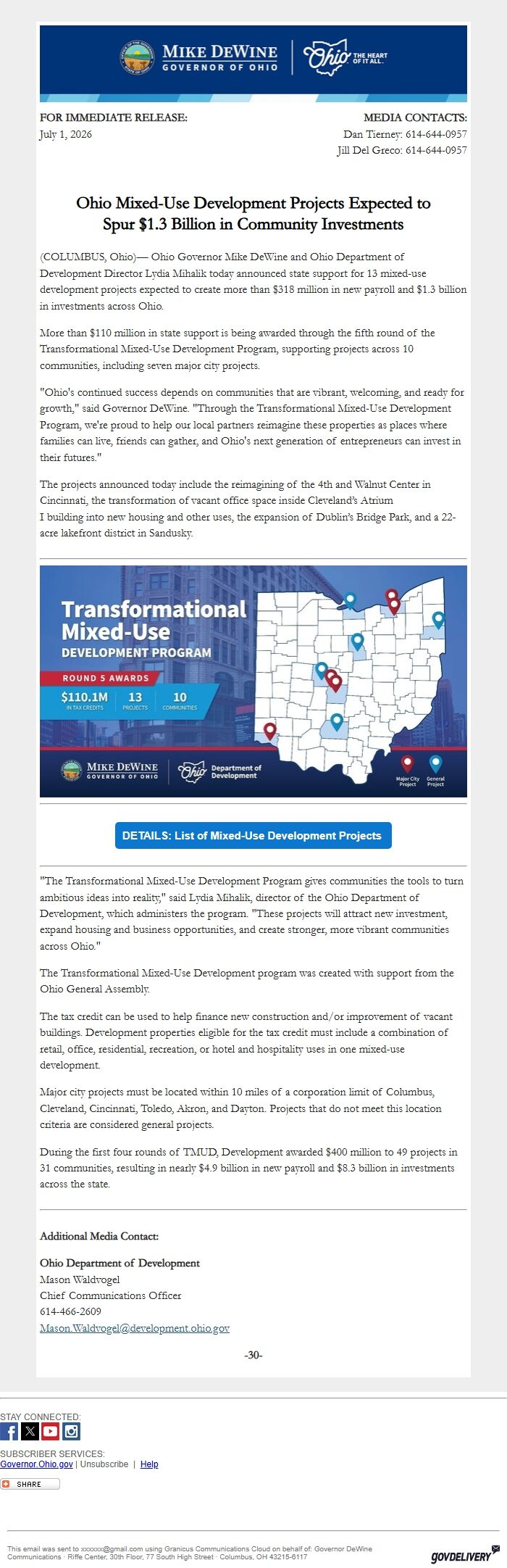 Screenshot of the email generated on import