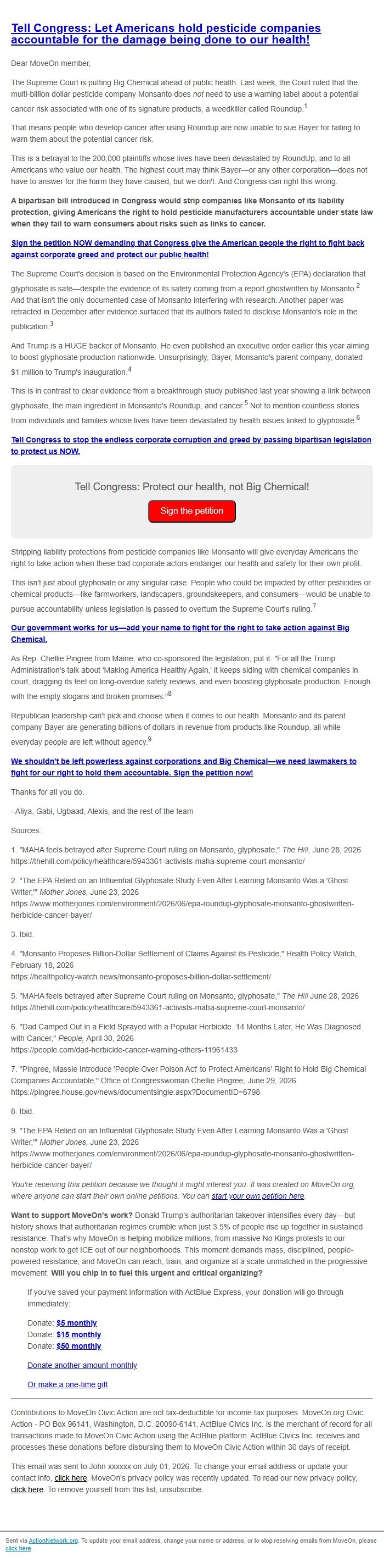 Screenshot of the email generated on import