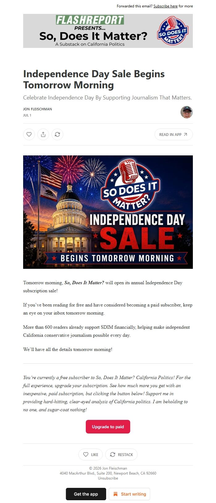 Screenshot of the email generated on import