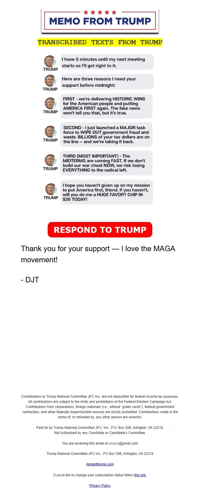 Screenshot of the email generated on import