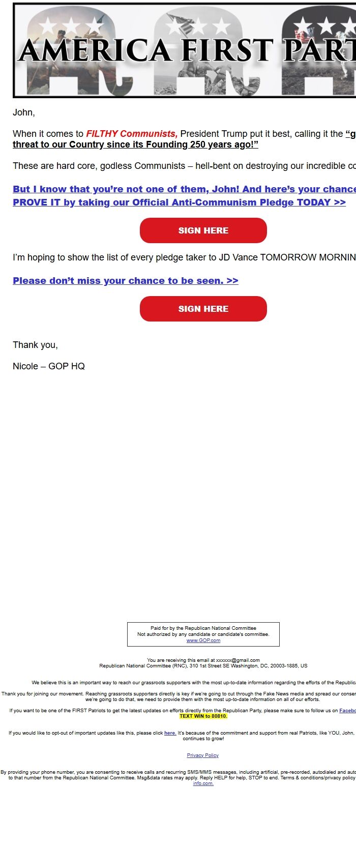 Screenshot of the email generated on import