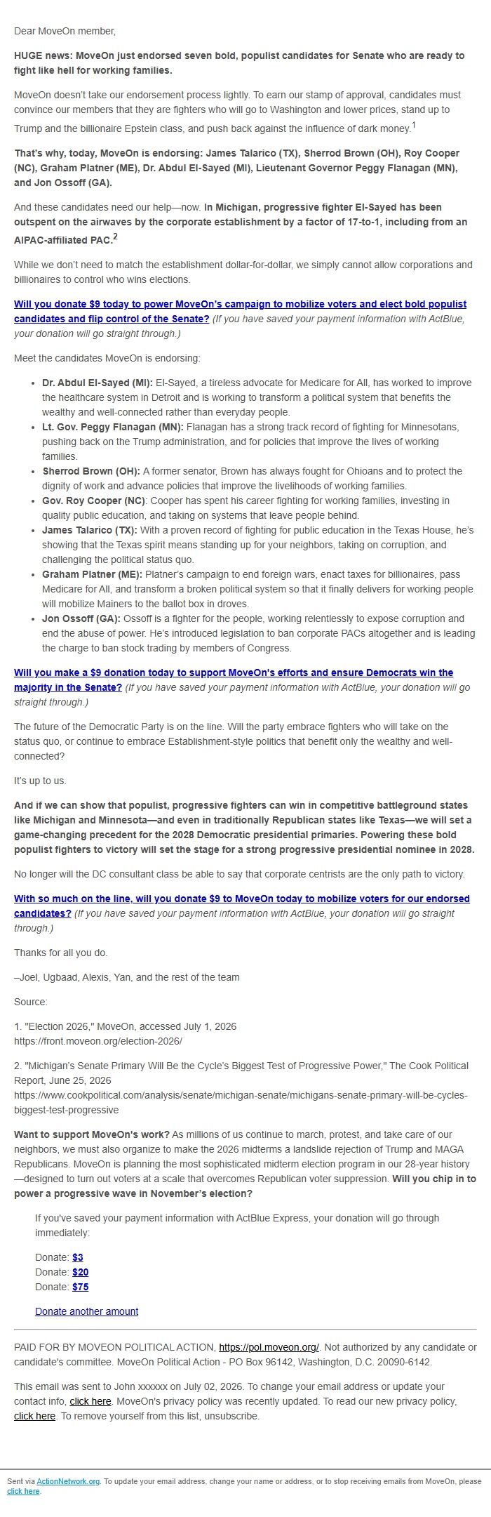 Screenshot of the email generated on import