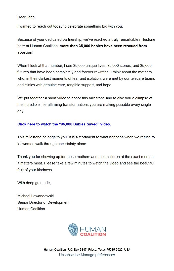 Screenshot of the email generated on import