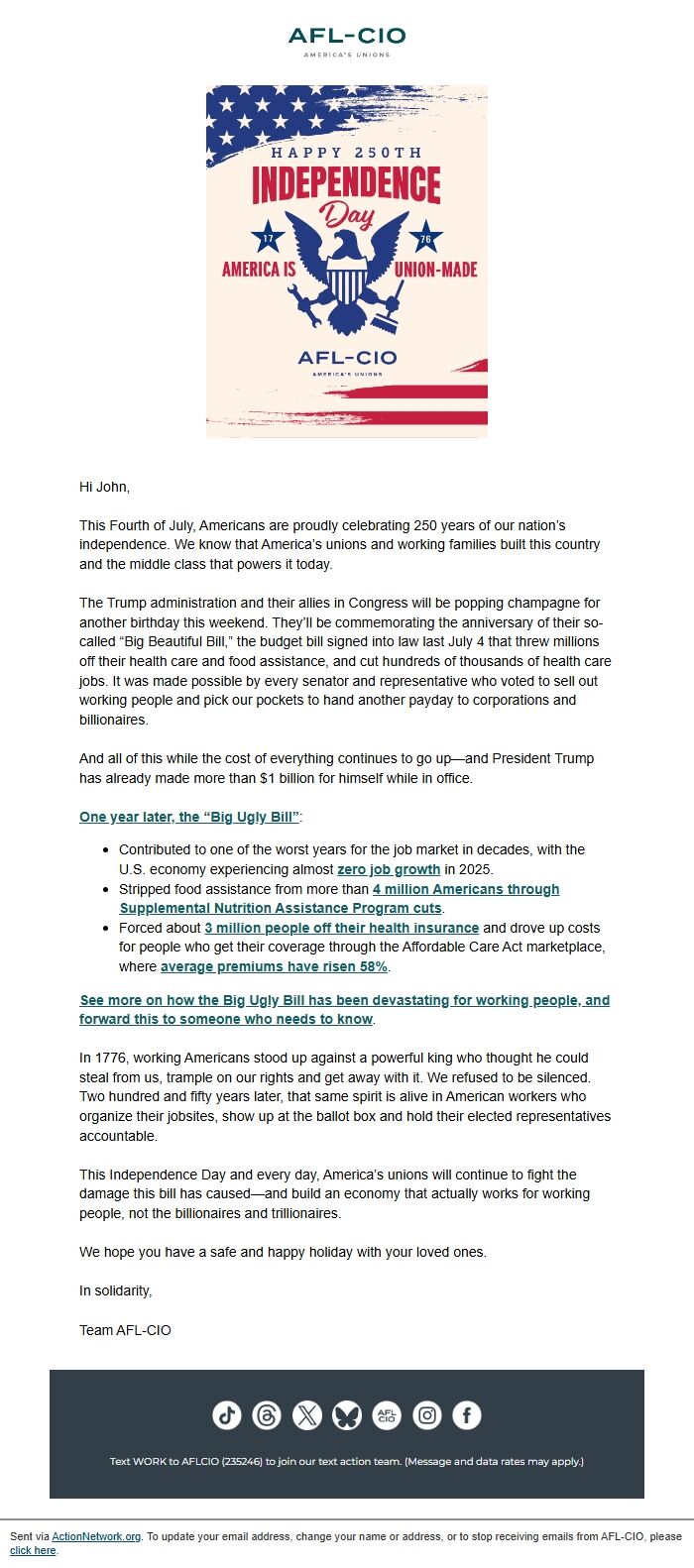 Screenshot of the email generated on import