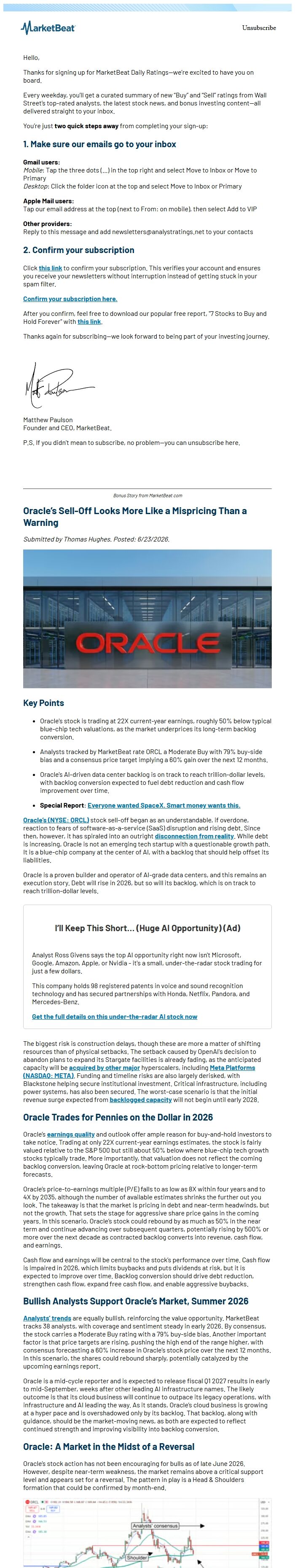 Screenshot of the email generated on import