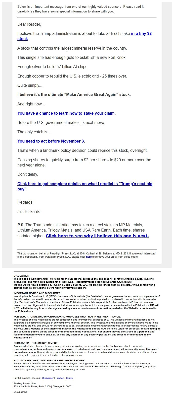 Screenshot of the email generated on import