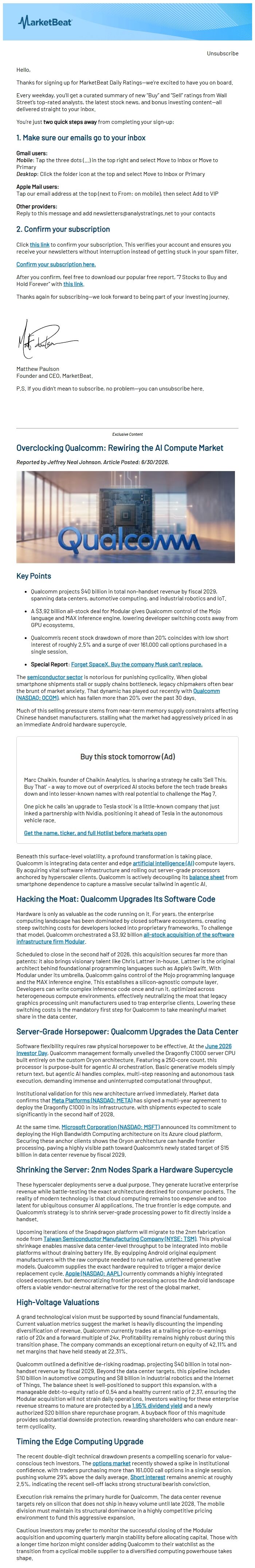 Screenshot of the email generated on import