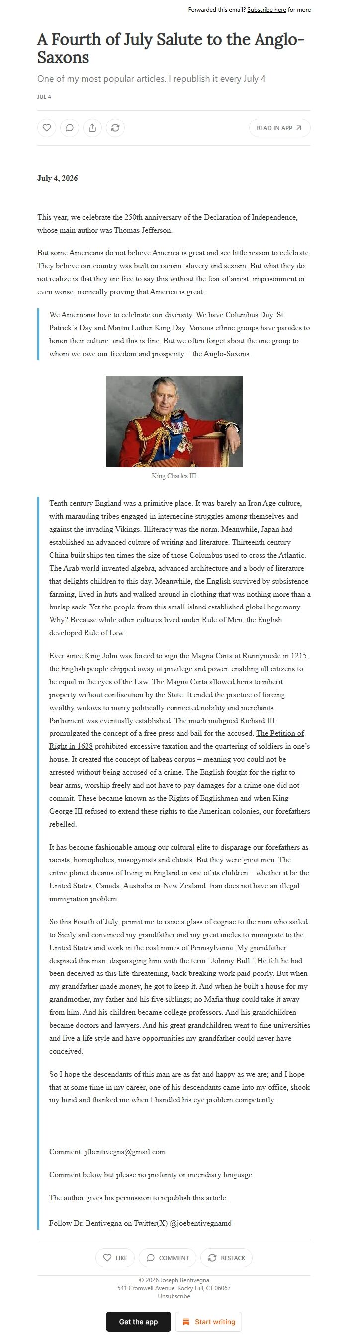 Screenshot of the email generated on import