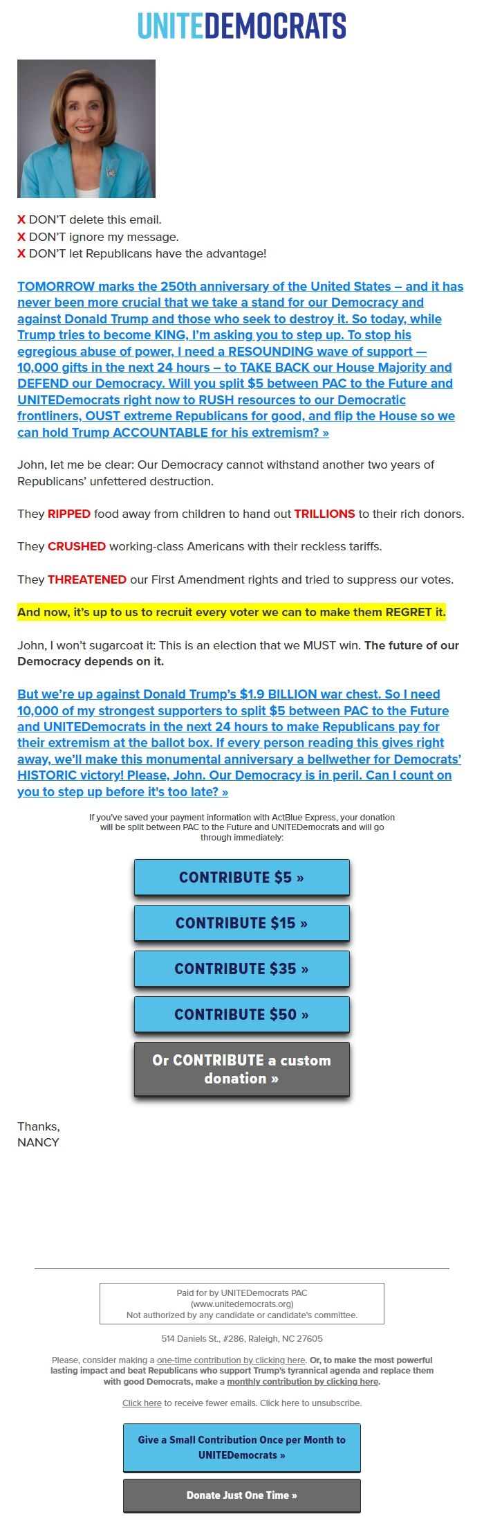 Screenshot of the email generated on import
