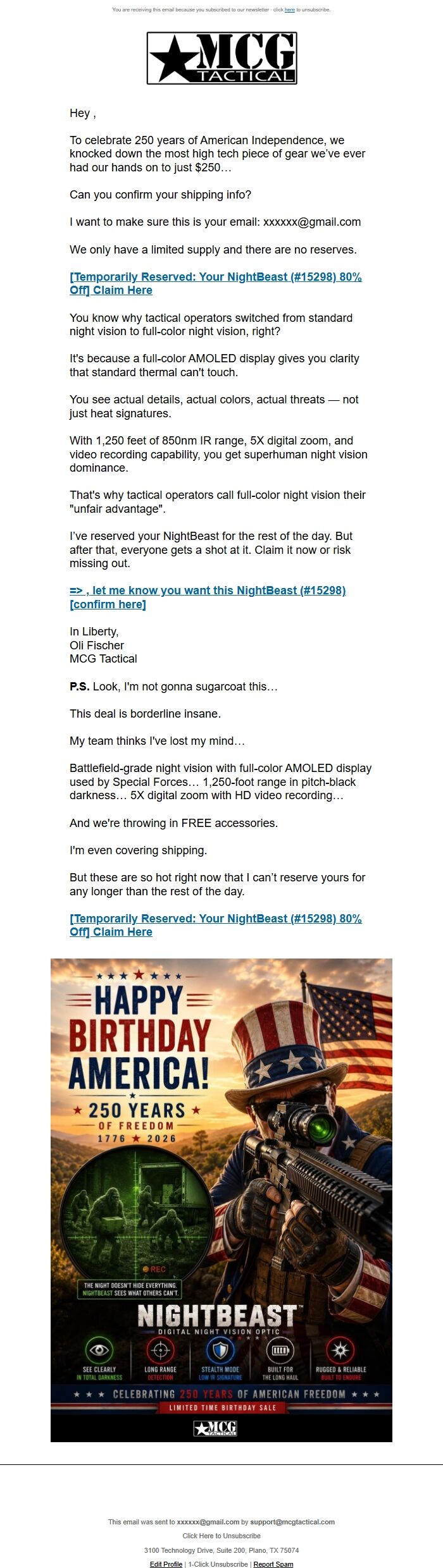 Screenshot of the email generated on import