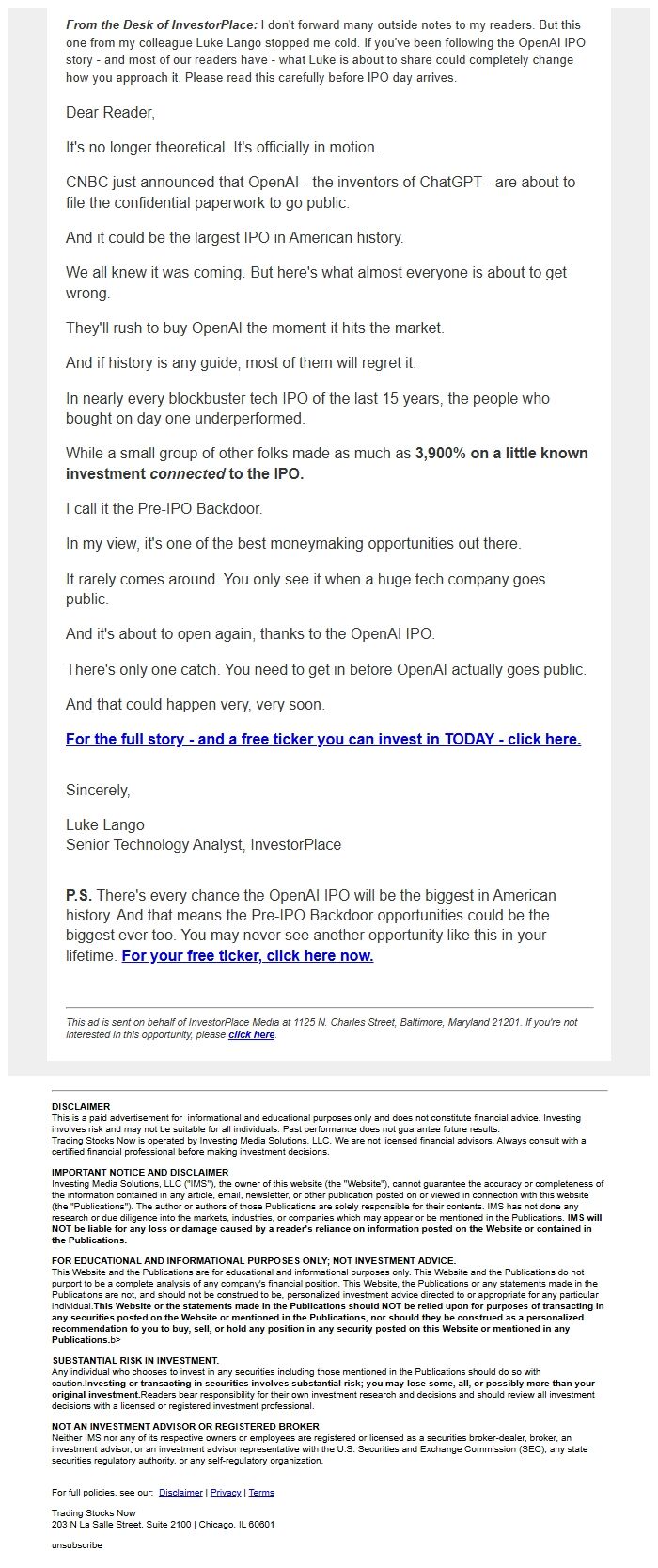 Screenshot of the email generated on import