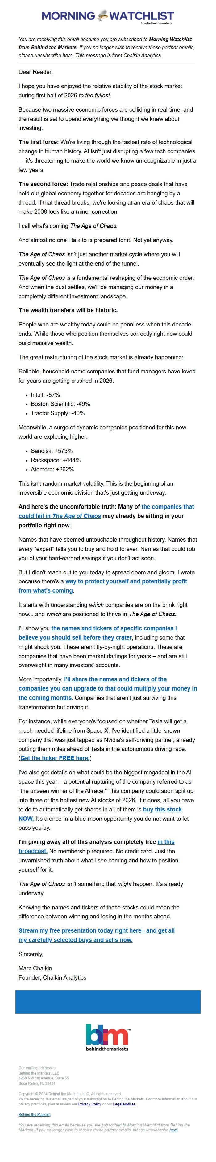 Screenshot of the email generated on import
