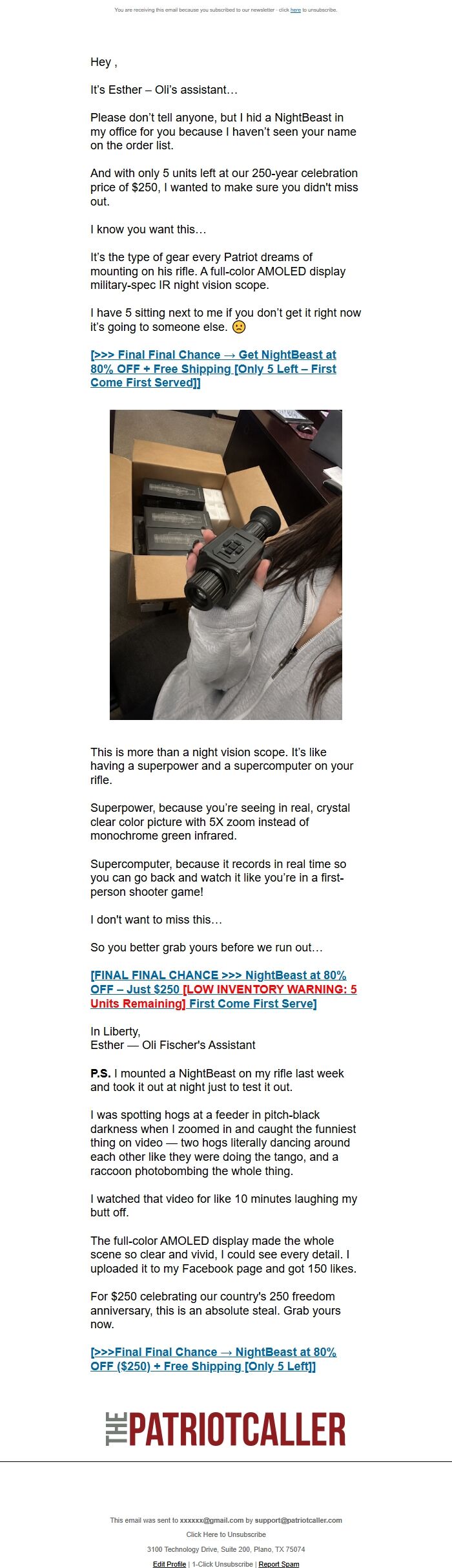 Screenshot of the email generated on import