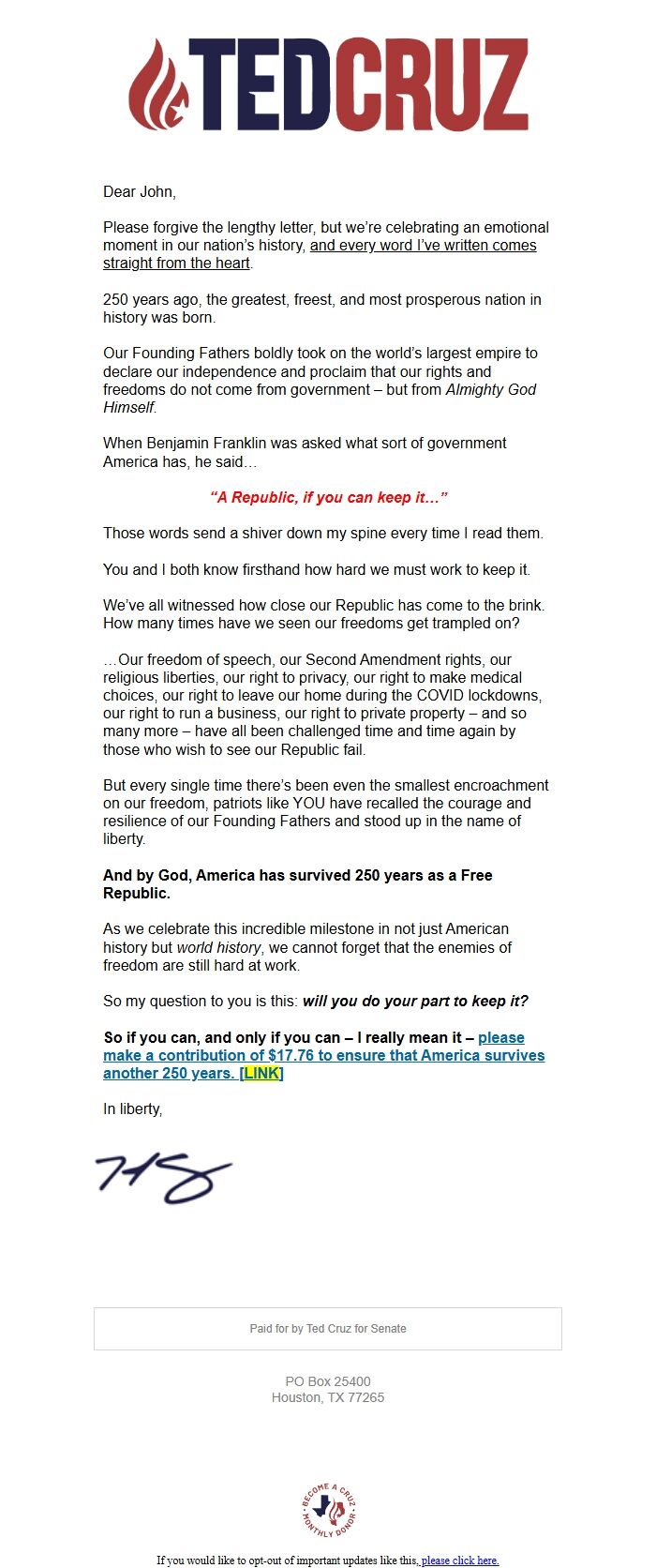 Screenshot of the email generated on import