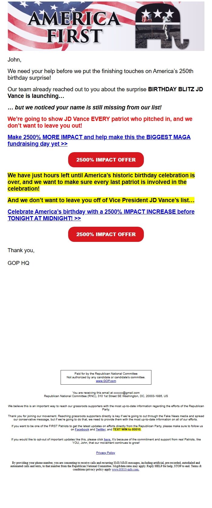 Screenshot of the email generated on import