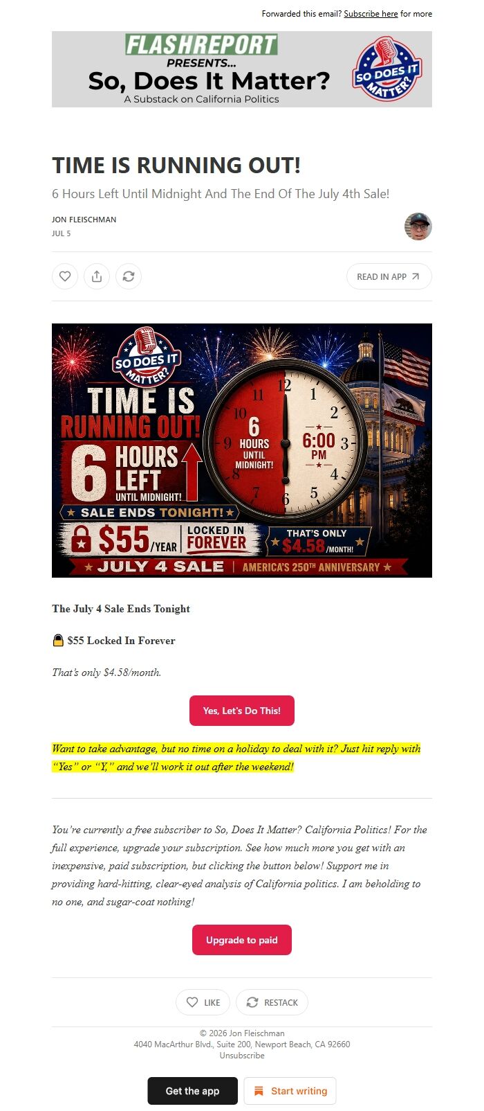 Screenshot of the email generated on import